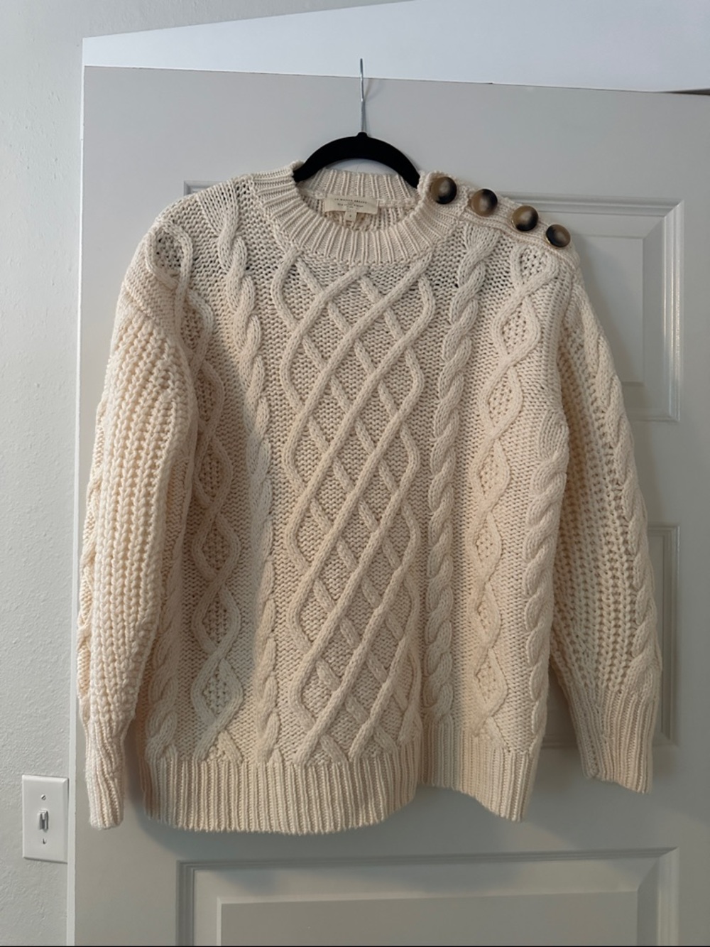 Sezane Cream Cable Knit Crewneck Sweater with Shoulder Buttons